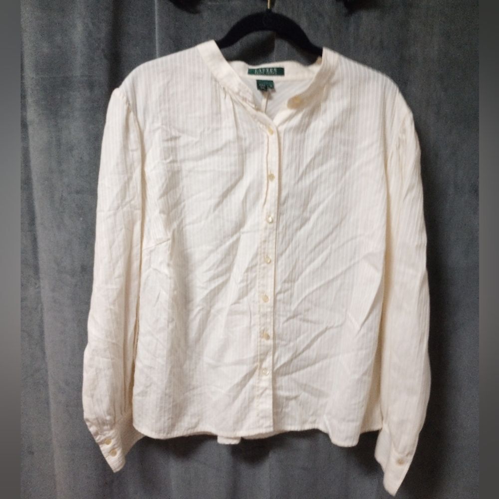 Vintage Ralph Lauren Cream High Neck Blouse Size 16 P2P 20 In Length 24.5 In